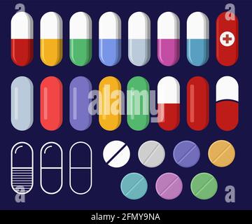 Set di pillole e compresse. Capsule di diversi colori. Pillole di medicina icone. Simboli della farmacia e dei farmaci. Compresse in stile piatto, isolate. Illustrazione Vettoriale