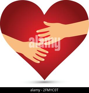 Mani che abbracciano un cuore rosso, vettore concettuale Illustrazione Vettoriale