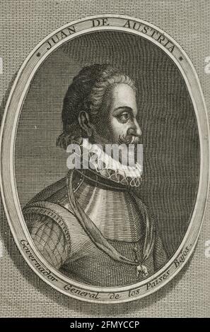 Giovanni d'Austria (1547-1578). Militare e diplomatico spagnolo. Figlio illegittimo dell'imperatore Carlo V. Governatore Generale dei Paesi Bassi. Incisione. Guerre delle Fiandre. Edizione pubblicata ad Anversa, 1748. Foto Stock