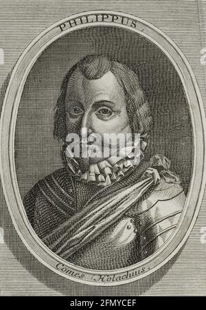 Filippo di Hohenloe-Neuenstein (1550-1606), chiamato Hollock. Conte di Hohenloe-Langenburg. Comandante dell'esercito olandese al servizio delle Province Unite dei Paesi Bassi. Verticale. Incisione. Guerre delle Fiandre. Edizione pubblicata ad Anversa, 1748. Foto Stock