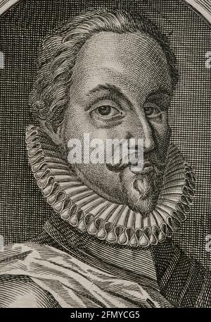 Adolf van Nieuwenaar (1545-1589). Conte di Limburgo e Mori. Stadtholder di Guelders, Utrecht e Overijssel per gli Stati generali dei Paesi Bassi durante la guerra degli ottanta anni. Verticale. Incisione, dettaglio. Guerre delle Fiandre. Edizione pubblicata ad Anversa, 1748. Foto Stock