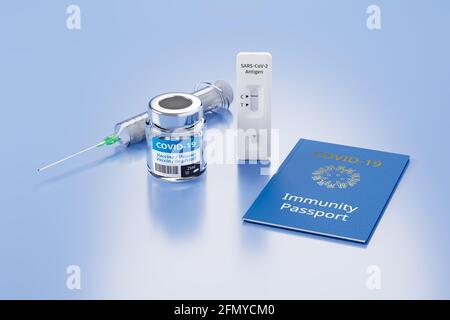 Immunità concetto di passaporto: Un flaconcino di vaccino Covid-19, una siringa, un test rapido dell'antigene negativo e un mockup del passaporto dell'immunità su una superficie blu. Foto Stock