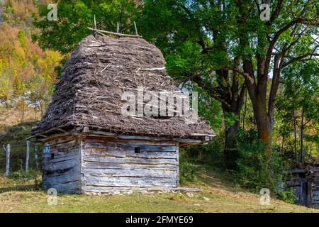 Casa tradizionale in legno sui Monti Afuseni in Transilvania, Romania. Il luogo è conosciuto come 'paese del Motilor'. La casa è fatta esclusivamente di legno Foto Stock