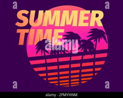 Ora legale. Palme contro un sole sfumato nello stile degli anni '80. Stile Synthwave e retroonda. Progettazione di opuscoli pubblicitari, banner, posta Illustrazione Vettoriale