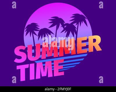 Ora legale. Palme contro un sole sfumato nello stile degli anni '80. Stile Synthwave e retroonda. Progettazione di opuscoli pubblicitari, banner, posta Illustrazione Vettoriale