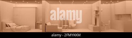 interno in sezione di tre camere di colore semplice. rendering 3d Foto Stock