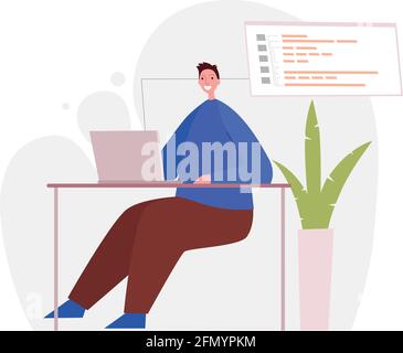 Programmatore che lavora sullo sviluppo di fotoricettore sul calcolatore. Concetto di script di codifica e programmazione in php, python, JavaScript, altri linguaggi. Software Illustrazione Vettoriale