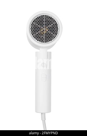 Essiccatore senza ugello, vista diritta isolata su sfondo bianco. Asciugacapelli moderno isolato su bianco. Foto Stock