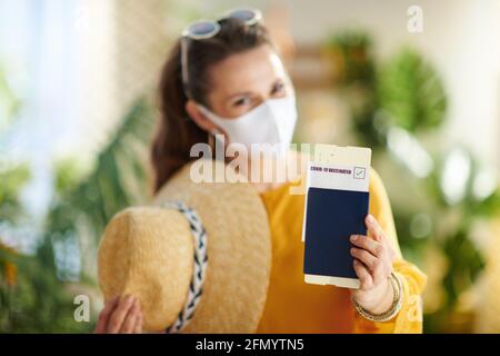 Viaggio durante la pandemia del coronavirus. Primo piano su donna con passaporto covid, maschera medica, biglietto aereo e cappello di paglia nel soggiorno in giornata di sole. Foto Stock
