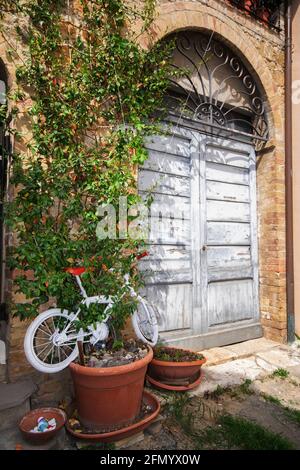 Tipica porta in legno d'epoca su sfondo fiorito in Toscana, Italia Foto Stock