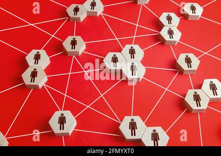 Rete di persone connesse. Interazioni tra dipendenti e gruppi di lavoro. Rete. Comunicazione in azienda. Sistema gerarchico dinamico. Foto Stock
