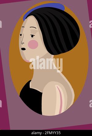 Illustrazione digitale del volto di una donna rilassata, per storie, stile pop art Foto Stock