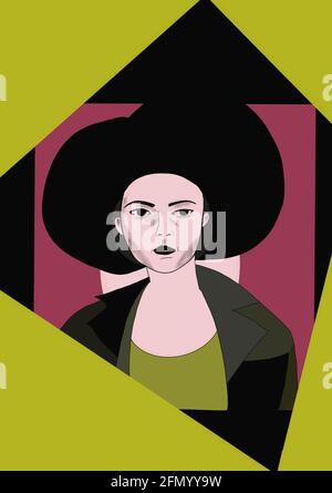 Illustrazione digitale del volto di una donna rilassata, per storie, stile pop art Foto Stock