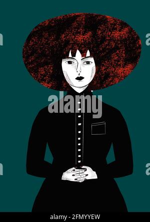 Illustrazione digitale del volto di una donna rilassata, per storie, stile pop art Foto Stock