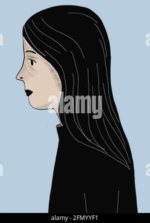 Illustrazione digitale del volto di una donna rilassata, per storie, stile pop art Foto Stock