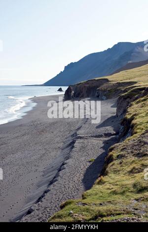 La gente cammina sulla spiaggia di sabbia nera, lungo le scogliere e le formazioni rocciose a Fauskasandur, nell'Islanda orientale. Foto Stock