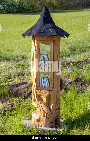 La biblioteca scolpita da un albero con libri per il pubblico in piedi su un prato, la Czechia. Foto Stock