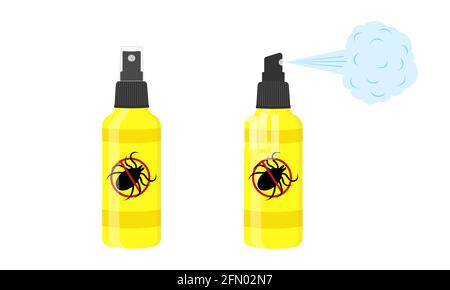 Icone spray per acari. Bottiglie repellenti per insetti con segno anti tick isolato su sfondo bianco. Illustrazione di cartoni animati vettoriali. Illustrazione Vettoriale