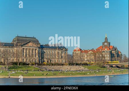 La popolazione locale di Dresda gode di una primavera sulle rive del fiume Elba, in Sassonia, Germania Foto Stock