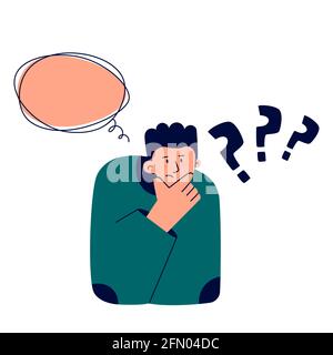 Concetto di dilemma e dubbio. Pensare l'uomo, il punto interrogativo e la bolla dei pensieri. Illustrazione del vettore di trend isolata su sfondo bianco. Illustrazione Vettoriale