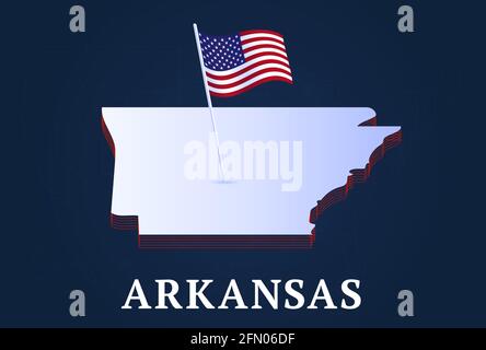 mappa isometrica dello stato dell'arkansas e isometrica 3D dell'indicatore natioanl degli Stati Uniti Figura del vettore di stato di noi Illustrazione Vettoriale
