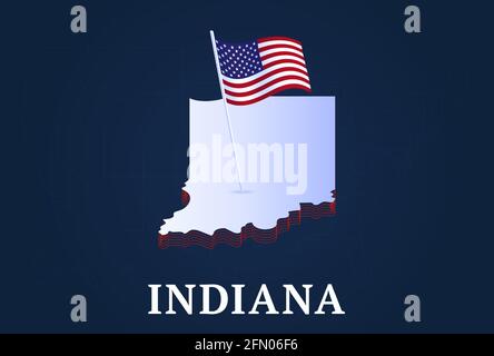 mappa isometrica dello stato dell'indiana e isometrica 3D del flag natioanl degli Stati Uniti Figura del vettore di stato di noi Illustrazione Vettoriale