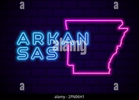 la lampada al neon incandescente in stato americano dell'arkansas indica un'illustrazione vettoriale realistica Parete blu mattone bagliore Illustrazione Vettoriale