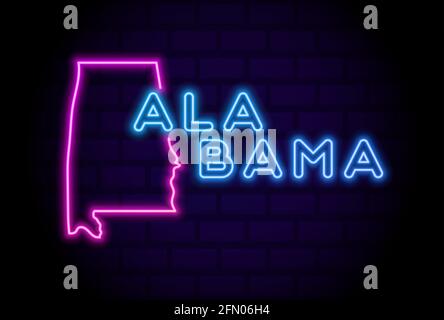 alabama Stati Uniti lampada al neon incandescente segno realistico vettore illustrazione Parete blu mattone bagliore Illustrazione Vettoriale