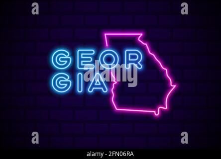 georgia Stati Uniti lampada al neon incandescente segno realistico vettore illustrazione Parete blu mattone bagliore Illustrazione Vettoriale