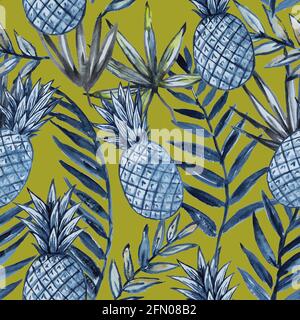 Motivo senza cuciture acquerello con ananas e foglie tropicali. Foto Stock
