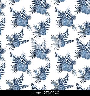 Motivo senza cuciture acquerello con ananas e foglie tropicali. Foto Stock