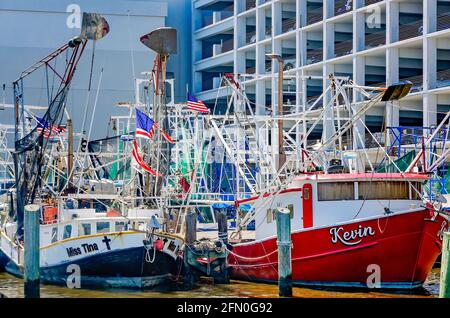 Le barche per gamberetti sono ormeggiate presso il porto di Biloxi Small Craft, l'8 maggio 2021, a Biloxi, Mississippi. Foto Stock