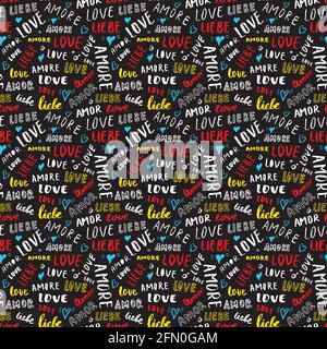 Love lettering illustrazione vettoriale senza cuciture modello. Amore scritto in lingue diverse parole romantiche sfondo. Illustrazione Vettoriale