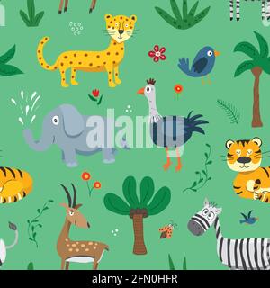 Cute animali senza cuciture modello. Animali e piante di cartone animato doodles. Illustrazione di Cartoon Vector. Illustrazione Vettoriale