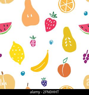 Frutta senza cuciture, raccolta di frutta succosa, mela, pera, fragola, fetta d'arancia, pesca, susina, banana, anguria, papaia, uva, limone e. Illustrazione Vettoriale