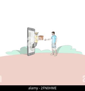uomo di consegna con scatola di cartone fuori da un grande smartphone che invia ad un uomo con maschera medica mano disegnata illustrazione vettore. Illustrazione Vettoriale