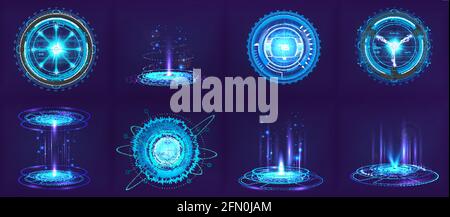 Dispositivi e gadget futuristici sci-fi in stile HUD. Cerchio elementi 3D digitali per interfaccia utente, GUI, VR e altro. Elementi astratti hi-tech - sfere Illustrazione Vettoriale
