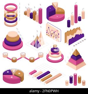 Elementi isometrici infografici. Statistiche dei dati diagrammi 3D grafici infografici insieme di illustrazioni vettoriali isolate. Grafici statistici isometrici Illustrazione Vettoriale