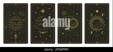 Carte di tarocchi di luna e sole. Carte mistiche disegnate a mano cadaveri celesti, set di illustrazioni vettoriali di carte di tarocchi magiche. Carte magiche di tarocchi esoterici Illustrazione Vettoriale