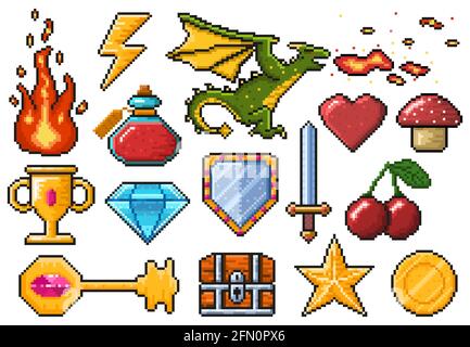 Elementi di gioco pixel. Giochi ui oggetti magici, fuoco, trofeo, moneta, drago e veleno vettore illustrazione set. Simboli di gioco a 8 bit pixel digitali Illustrazione Vettoriale