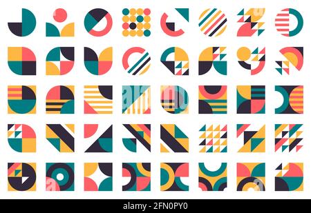 Forme astratte di bauhaus. Cerchi moderni, triangoli e quadrati, stile minimalista figure bauhaus set di illustrazioni vettoriali. Elementi di design di stile grafico Illustrazione Vettoriale