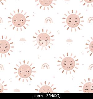Motivo senza cuciture con il sole carino boho. Design contemporaneo per carta da parati e arredamento domestico. Moderna illustrazione vettoriale in stile cartoon piano Illustrazione Vettoriale