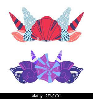 Set di corone di mare da conchiglie. Separatori di testo vettoriali. Delimitatori con molluschi marini e lumache con motivo boho. Decorazioni multicolore per desi Illustrazione Vettoriale