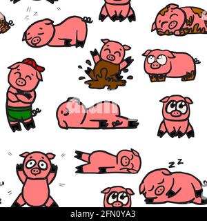 Suini e suinetti. Illustrazione senza interruzioni. Stile di schizzo cartoon. Mano contorno disegno allegro divertente animale. Vettore Illustrazione Vettoriale