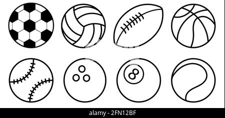 Collezione di palline sportive bianche e nere stile piatto. Calcio, calcio, pallacanestro, tennis, baseball, pallavolo, bowling, biliardo. Icone vettoriali iso Illustrazione Vettoriale