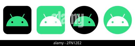 Vinnytsia, Ucraina - 11 Maggio 2021: Set di logo Android. Logo del sistema operativo in forme diverse Illustrazione Vettoriale