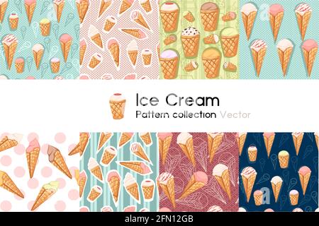 Pattern con senza cuciture collezione di coni gelato con illustrazione vettoriale di diversi riempimenti su sfondo bianco Illustrazione Vettoriale