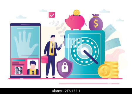 Protezione affidabile delle finanze. Identificazione delle impronte digitali. Acciaio sicuro, uomo d'affari con soldi. Applicazione per smartphone per il controllo della sicurezza. Strongbo Illustrazione Vettoriale