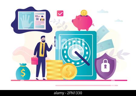 Protezione affidabile delle finanze e dei depositi. Identificazione delle impronte digitali. Acciaio sicuro e uomo d'affari con soldi. Cassetta di sicurezza, banca piggy e di sicurezza sh Illustrazione Vettoriale
