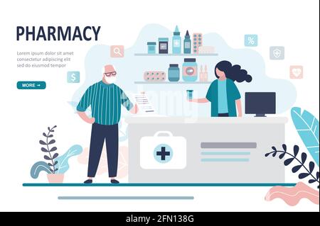 Medico farmacista e paziente anziano in farmacia. Anziano cliente maschile acquistare farmaci in farmacia. Concetto di sanità e shopping. Pagina di destinazione, Illustrazione Vettoriale